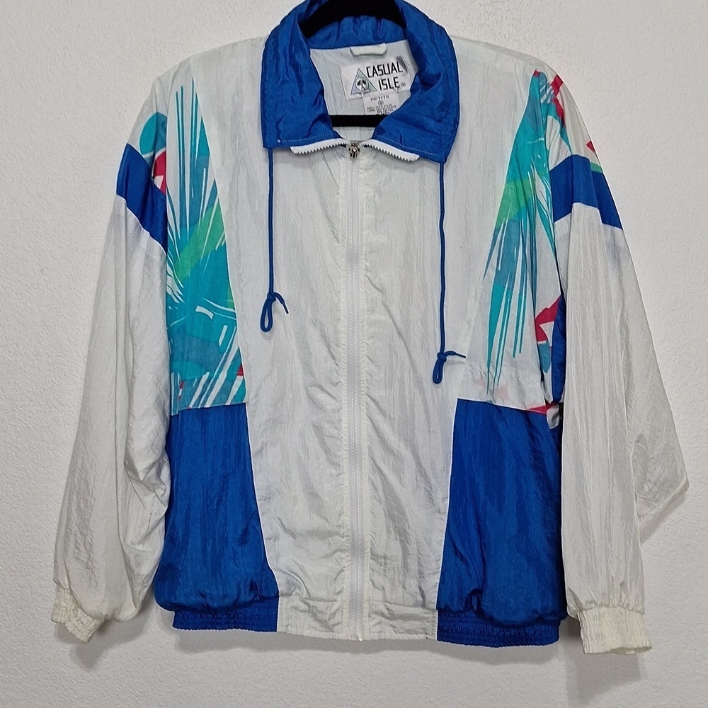Vintage Casual Isle White Blue Gorpcore Windbreaker Track Suit Jacket Size SP